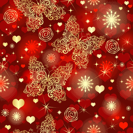Seamless vivid red valentine pattern with hearts and golden butterflies, vector eps 8のイラスト素材