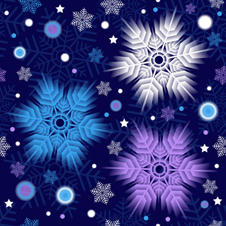 Winter seamless christmas dark blue pattern with colorful snowflakes and balls, vector eps 10のイラスト素材