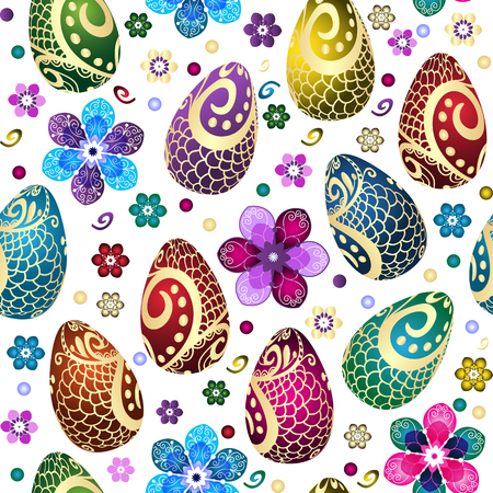 Festive Easter seamless pattern with decorated eggs and flowers on a transparent background. Vector image. Eps 10のイラスト素材