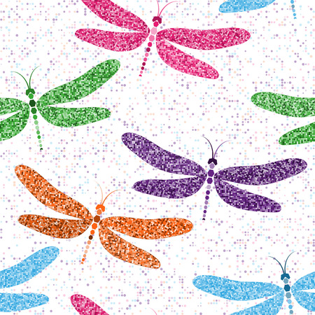 Seamless spring pattern with colorful mosaic dragonflies on transparent background with polka dots. Vector image. Eps 8のイラスト素材