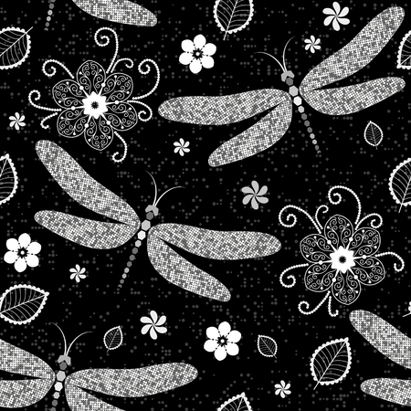 Seamless pattern with silver dragonflies and flowers on dark background. Vector image. Eps 8のイラスト素材