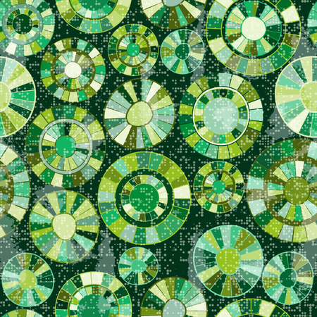 Seamless grunge pattern with painted green rings and polka dots and concentric circles on dark background. Vector image. Eps 10のイラスト素材