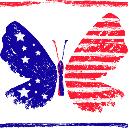 Bright tricolor red-blue-white grunge stylized butterfly with stars and stripes on a transparent background. Vector image. Eps 8のイラスト素材