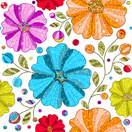 Vivid seamless pattern with colorful doodle flowers and dots  on a transparent background. Vector image. Eps 10のイラスト素材