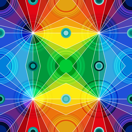 Rainbow bright geometric seamless pattern with circles and rays. Vector image. Eps 10のイラスト素材
