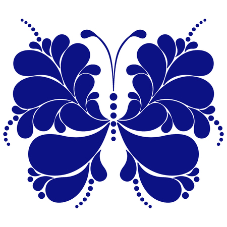Monochrome blue butterfly with paisley in Russian Gzhel style isolated on a transparent background. Vector image. Eps 8のイラスト素材