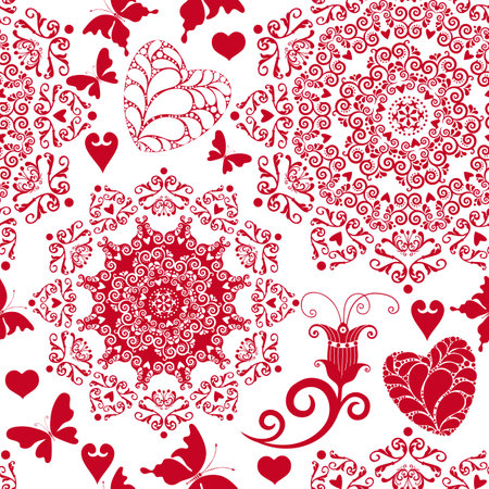 Vector seamless monochrome red valentine pattern with mandala,  hearts and butterflies on transparent backgroundのイラスト素材
