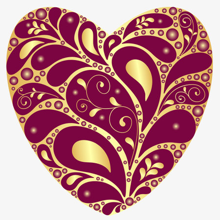 Vector valentine golden big heart with purple vintage paisley isolated on whiteのイラスト素材