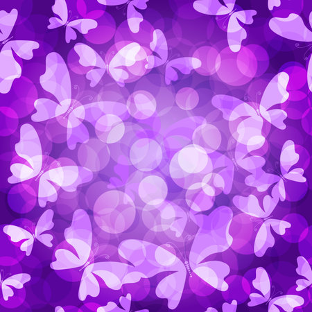 Vector gentle lilac seamless pattern with translucent butterflies. bokeh effectのイラスト素材