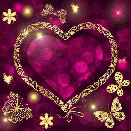 Heart shaped vector frame with golden floral pattern on purple bokeh background with butterfliesのイラスト素材