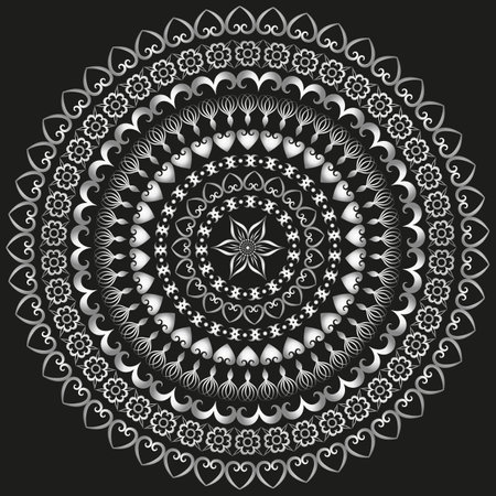 Silvery gradient vintage  vector mandala on blackのイラスト素材