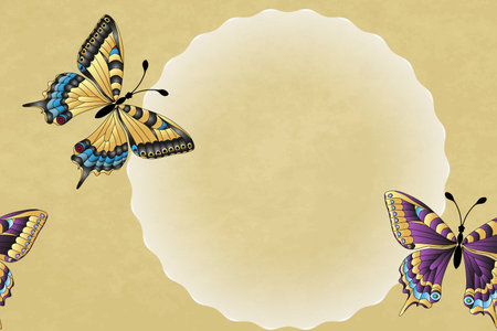 Old paper with colorful butterfies. Postcard, frame, background, pattern, vector imageのイラスト素材