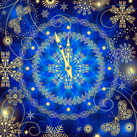Christmas vector background with clock and golden snowflakesのイラスト素材