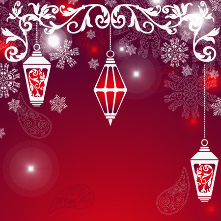 Christmas vector red gradient background with snowflakes and lightsのイラスト素材