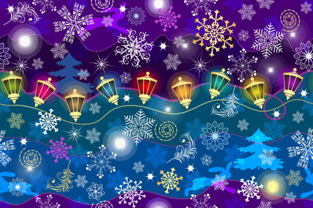 Vector seamless patterns with colorful Christmas lanterns and snowflakesのイラスト素材
