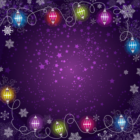 Christmas vector dark violet gradient frame with lights, stars and  snowflakes and  and raysのイラスト素材