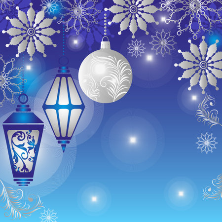 Christmas vector blue gradient background with silvery snowflakes and lights and ballのイラスト素材