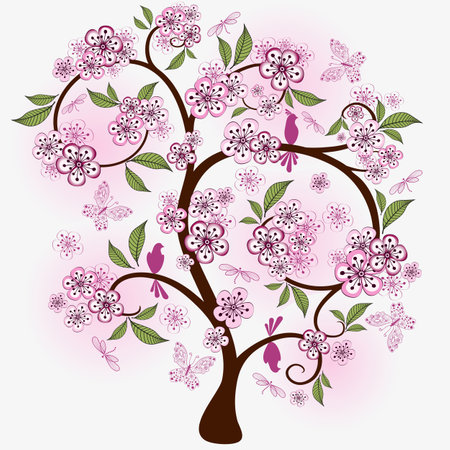 Blossoming cherry tree with butterflies, dragonflies, birds on a light background. Vector eps 10のイラスト素材