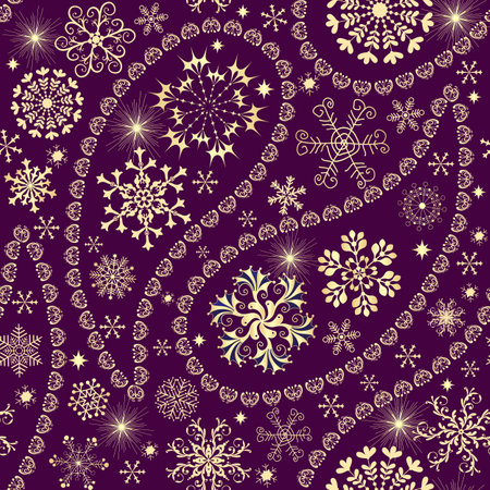 Bicolor vintage seamless pattern with paisley, fsnowflakes on a dark purple background. Vector eps 10のイラスト素材