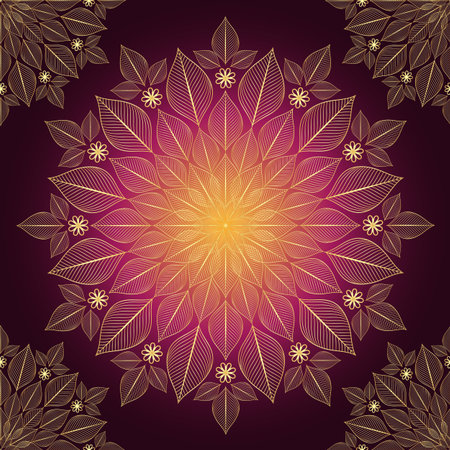Gold stylized openwork lotus on a dark background. Mandala. Frame. Seamless pattern. Vector eps 10のイラスト素材