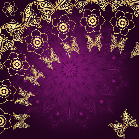 Bright magenta frame with gold patterns and butterflies and place for text. Vectorのイラスト素材