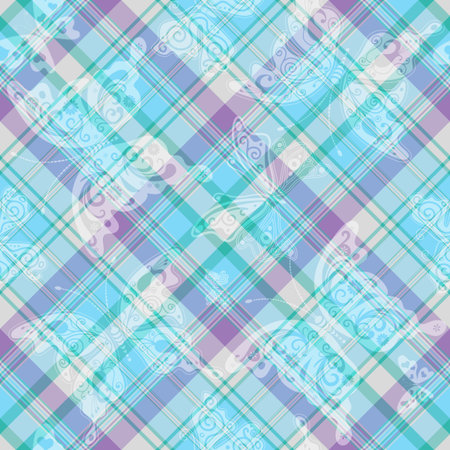 Seamless diagonal pink-blue pattern with white butterflies, vector eps 10