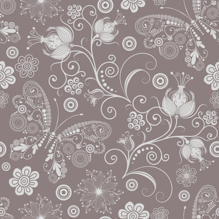 Seamless pattern with lacy white vintage flowers and butterflies. Vector eps 10のイラスト素材