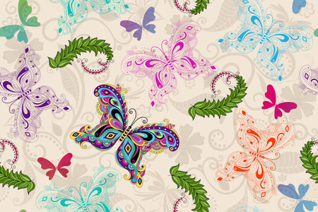 Vector seamless spring delicate floral pattern with colorful butterfliesのイラスト素材