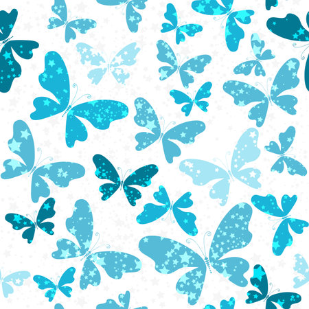 Vector fantasy seamless pattern with blue butterflies on the transparent background of the starry sky.のイラスト素材
