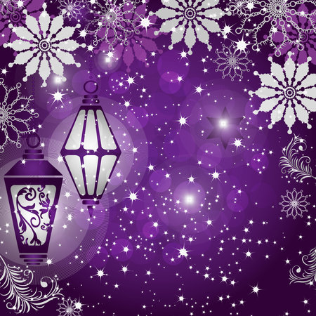 Christmas vector violet gradient frame with silvery snowflakes and lights and bokehのイラスト素材