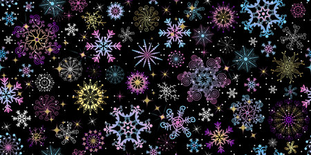 Vector seamless Christmas pattern with shiny golden and colorful gradient snowflakes on black a backgroundのイラスト素材
