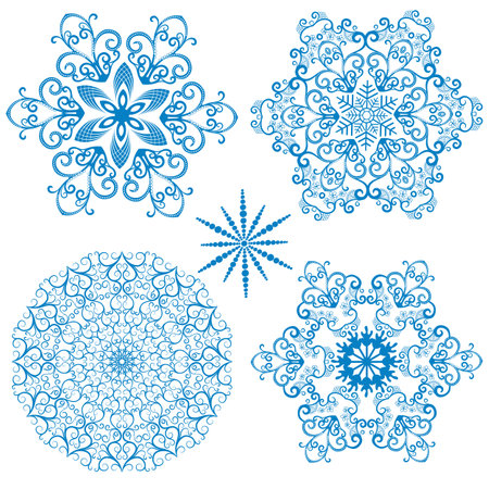 Vector set monochrome blue lace snowflakes. Isolated on transparent backgroundのイラスト素材