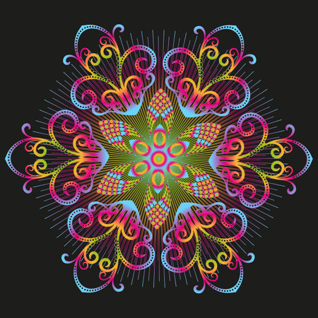 Vector shiny colorful gradient lace snowflake. Isolated on black backgroundのイラスト素材