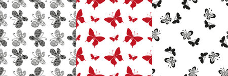 Three vector monocolor simple seamless patterns with drawn silhouettes of butterflies on a transparent backgroundのイラスト素材