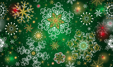 Vector Christmas dark green gradient seamless pattern with snowflakes and starsのイラスト素材