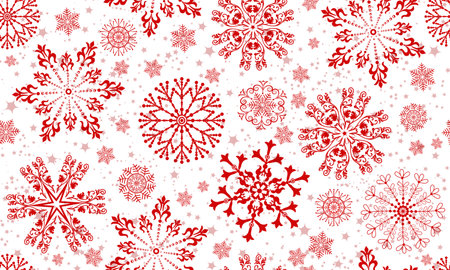 Vector Christmas seamless pattern with red snowflakes and stars, transparent backgroundのイラスト素材