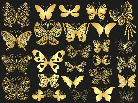 Vector big set golden silhouette of butterflies isolated on the black backgroundのイラスト素材