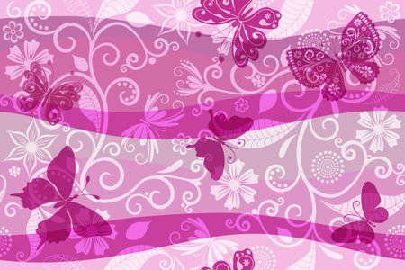 Vector seamless spring floral pattern with doodle butterflies on the wave striped backgroundのイラスト素材