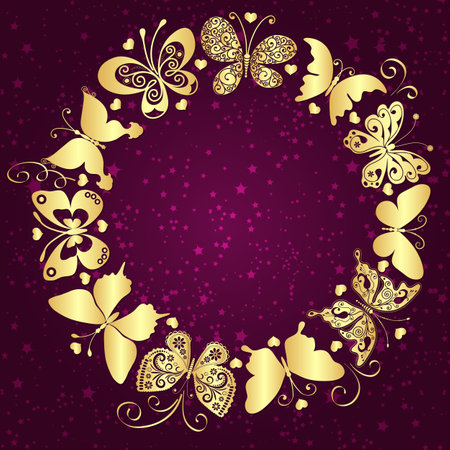 Vector valentine round frame with golden butterflies and stars on a purple gradient background,のイラスト素材