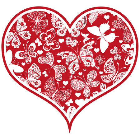 Vector valentine red monochrome heart wiith cute butterflies, isolated on a transparent backgroundのイラスト素材
