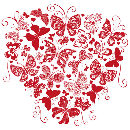 Vector valentine heart made from a variety of red butterflies, isolated on a transparent background, monochromeのイラスト素材