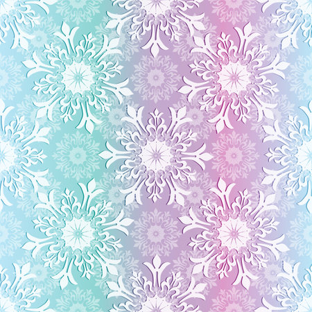 Vector hand drawn gentle pastel geometric Christmas seamless pattern with white snowflakes on gradient backgroundのイラスト素材
