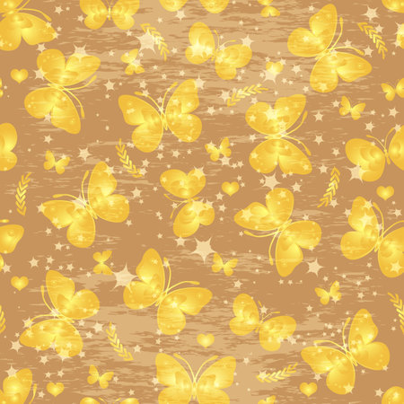Vector spring seamless pattern with golden butterflies and stars on a grunge backgroundのイラスト素材