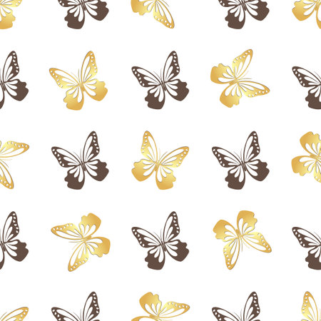 Vector seamless pattern with golden and brown doodle butterflies on the transparent backgroundのイラスト素材