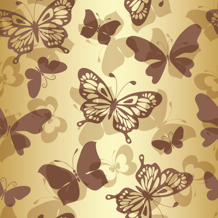 Vector seamless golden pattern with silhouettes of flying colorful butterflies of various shapesのイラスト素材