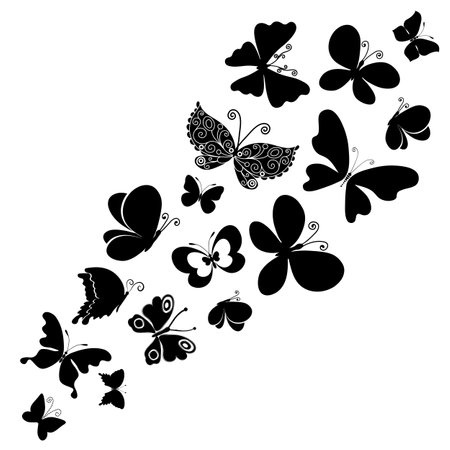 Vector silhouettes of flying butterflies of various shapes. Single color image isolated on transparent backgroundのイラスト素材