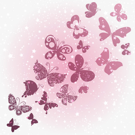 Vector spring frame with silhouettes of flying butterflies and stars on a gentle pink gradient backgroundのイラスト素材