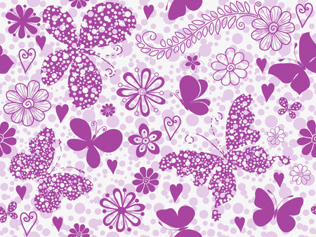 Vector Valentine seamless rose pattern with hearts and butterflies on a white background.のイラスト素材
