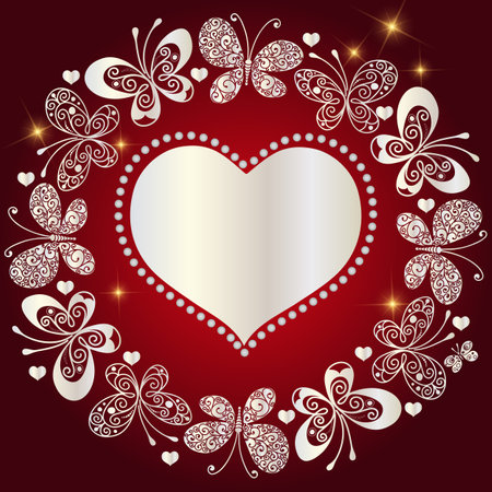 Vector valentine round frame with silvery heart and butterflies and golden stars on a red gradient backgroundのイラスト素材