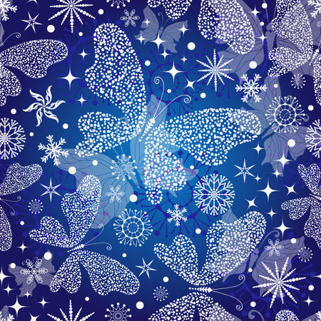 Vector hand drawn Christmas seamless pattern with white snowflakes and butterflies on a dark blue gradient backgroundのイラスト素材